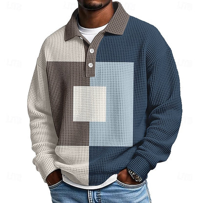 Men's Color Block Geometic Waffle Polo Shirts