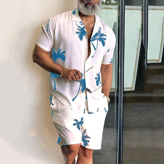 Men's Leaves Tropical Plants 2pcs Shirts Sets Summer Hawaiian Shirt Short Sleeve Short Pants Cuban Collar Tropical Fashion Hawaiian Street Casual Hawaiian Print Summer Spring Black White Blue
