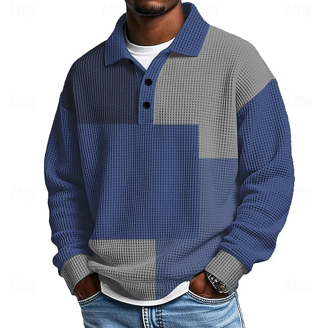 Men's Color Block Geometic Waffle Polo Shirts
