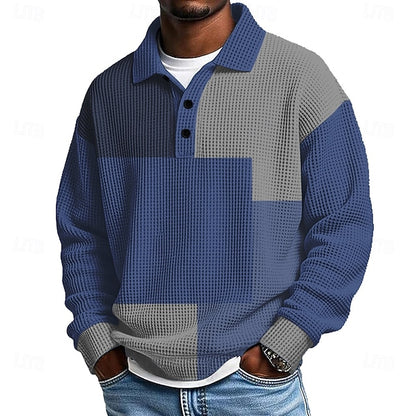 Men's Color Block Geometic Waffle Polo Shirts