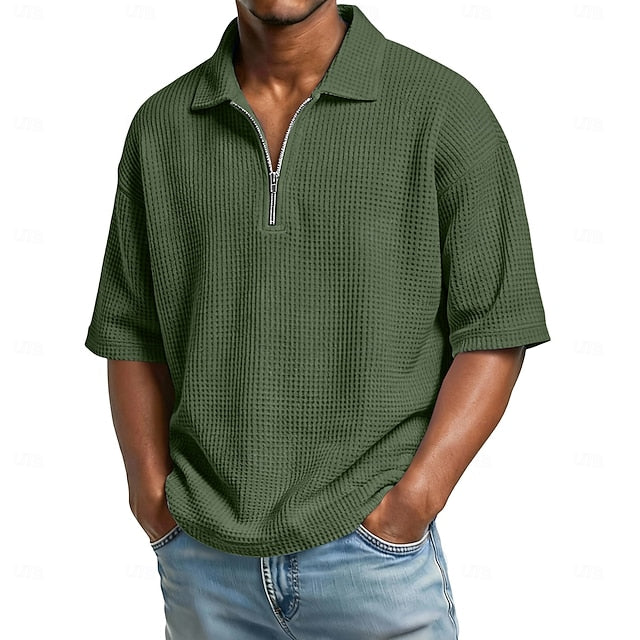 Men's Waffle Polo Shirts Zip Polo