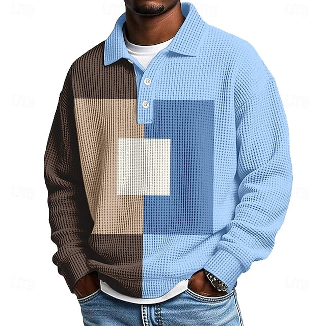 Men's Color Block Geometic Waffle Polo Shirts