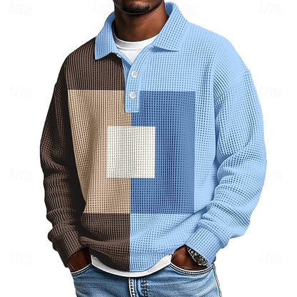 Men's Color Block Geometic Waffle Polo Shirts