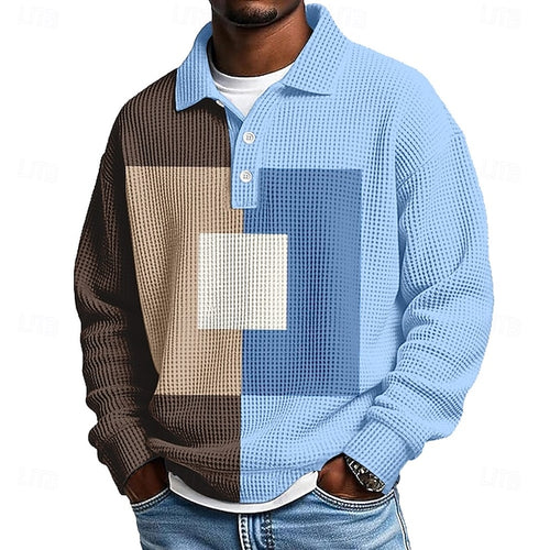 Men's Color Block Geometic Waffle Polo Shirts