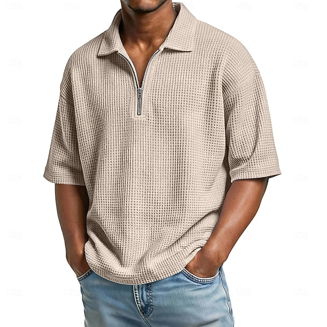 Men's Waffle Polo Shirts Zip Polo